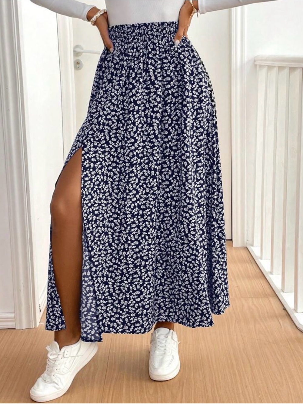 Floral Navy Maxi Skirt with Side Slit